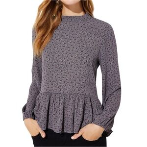 LOFT Boho Floral Print Crewneck Babydoll Ruffle Keyhole Long Sleeve Blouse